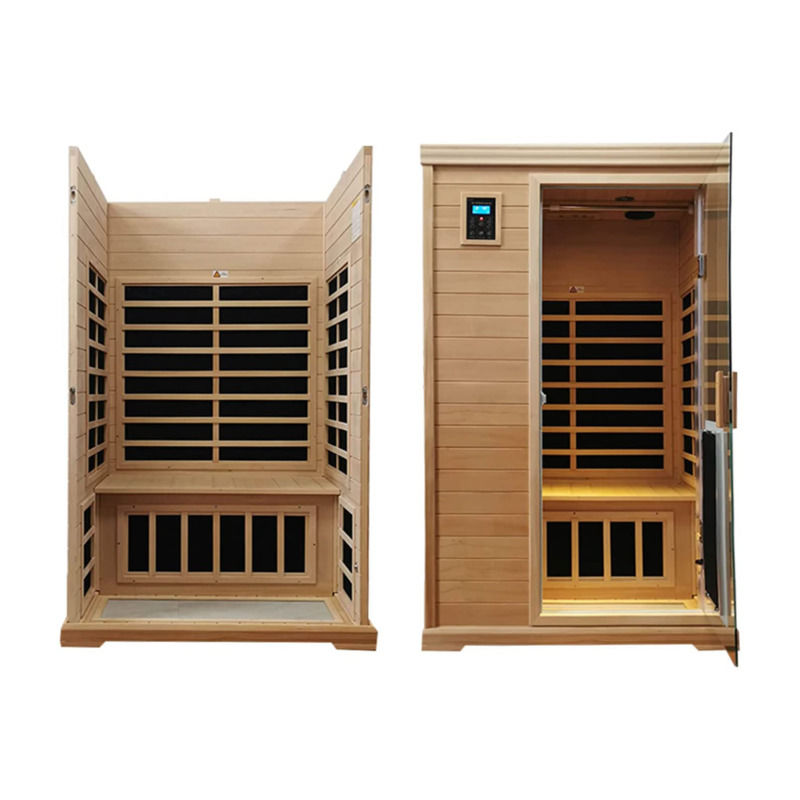 Traditionele infrarood houten saunaruimte voor 2 personen, verwarming 1750W, 9 platen, 10 minuten voorverwarmingstijd en vooraf ingestelde temperatuurregeling