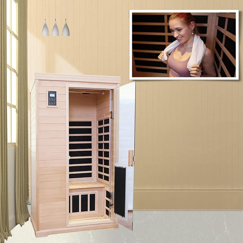 Traditionele infrarood houten saunaruimte voor 2 personen, verwarming 1750W, 9 platen, 10 minuten voorverwarmingstijd en vooraf ingestelde temperatuurregeling