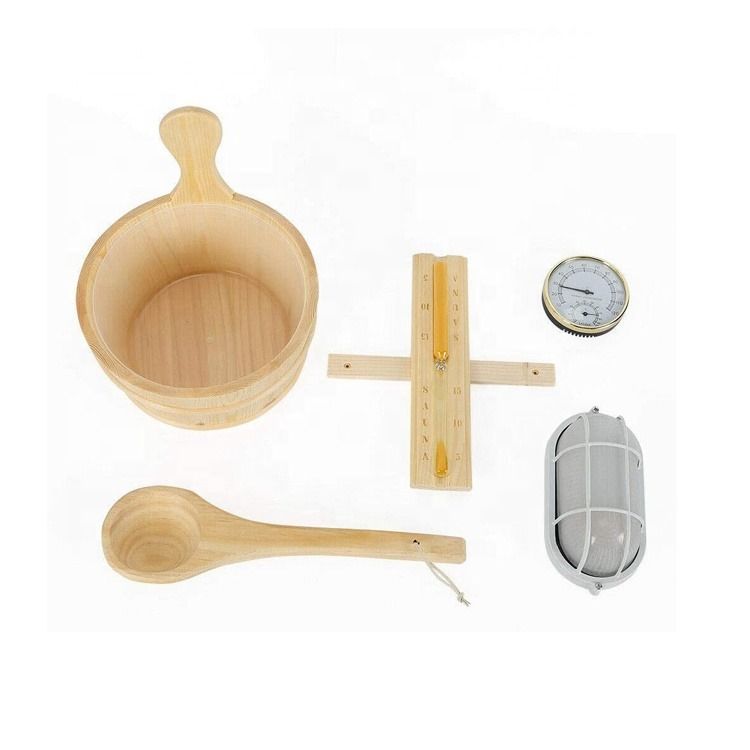 Sauna Accessoires Kit Buil Houten Emmer Dipper Lamp Traditionele Pocket Timer met Thermometer Water Scoop zandloper Spa Home Sauna Kit