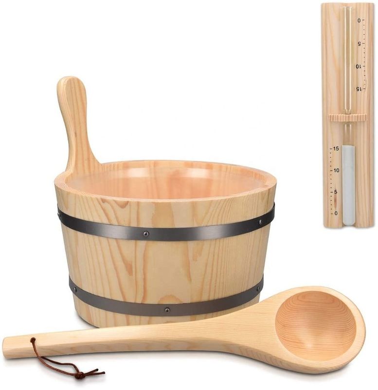Traditionele sauna Houten emmer met zak Spa Essentiële accessoire voor stoombad Pine Hout emmer Liner Pocket Plastic Sand Timer